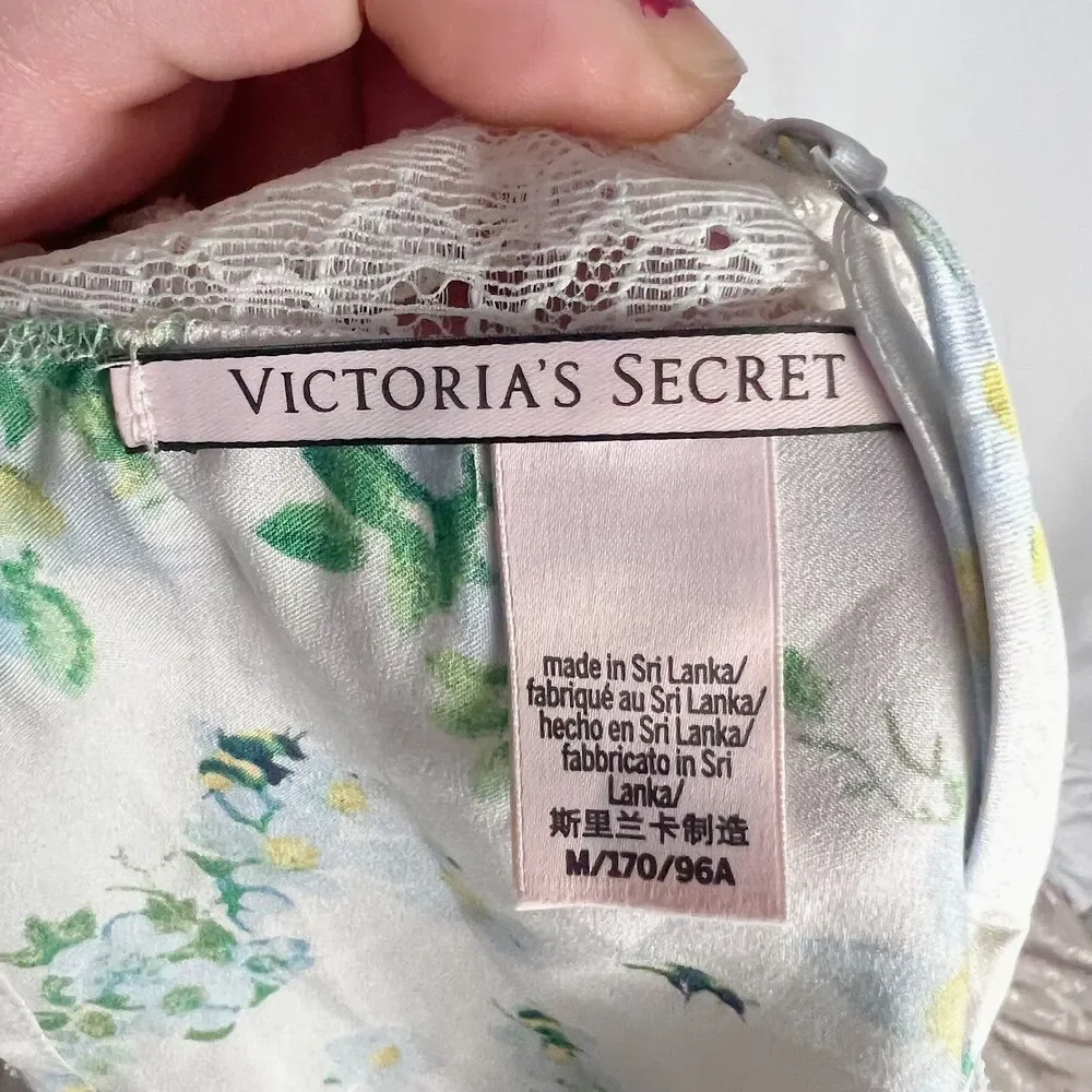 Victoria's Secret Bumblebee Lounge Set White Satin Green Flowers Lingerie Size M